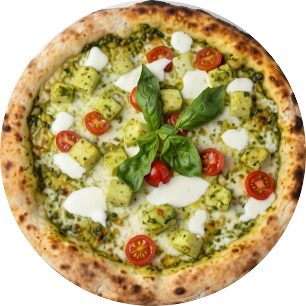 Gourmet pesto pizza topped with cherry tomatoes, fresh mozzarella, and basil leaves on a thin crust.