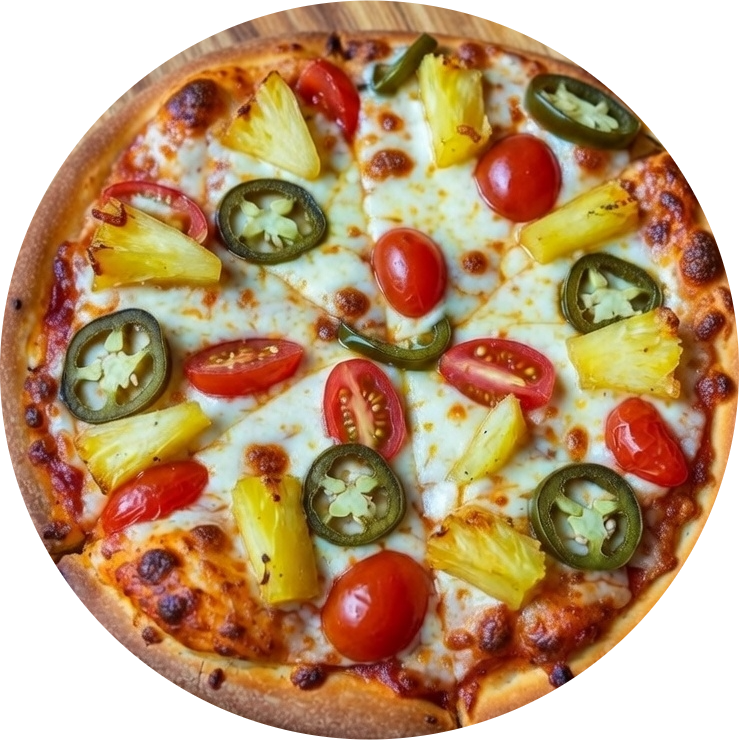 Vegetarian pizza with pineapple, jalapeños, and cherry tomatoes on a crispy crust.