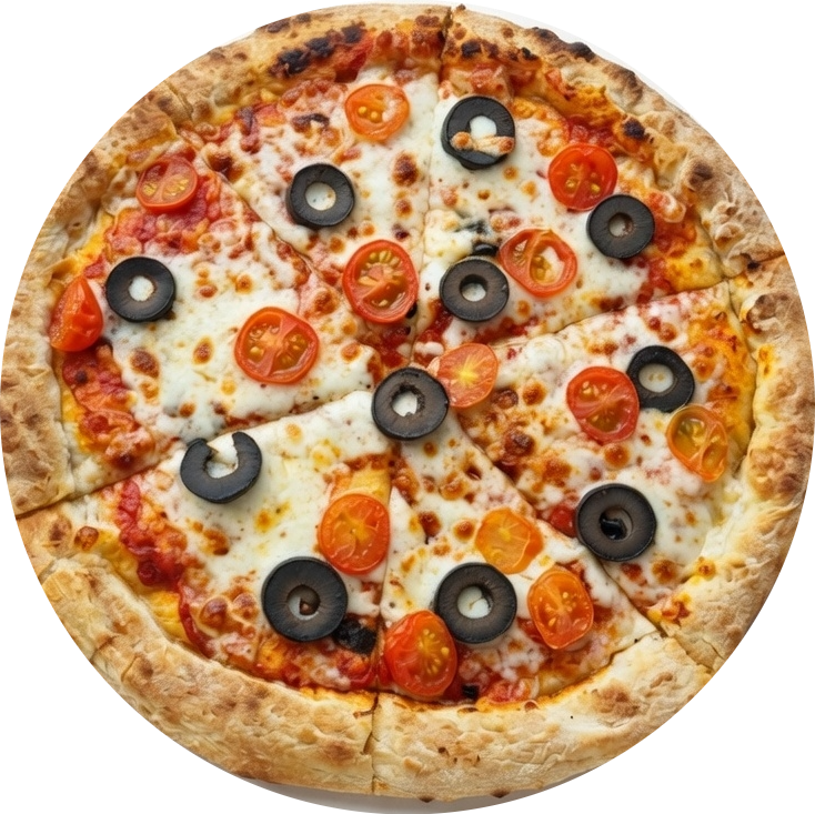 Freshly baked veggie pizza with melted mozzarella cheese, sliced black olives, and cherry tomatoes.