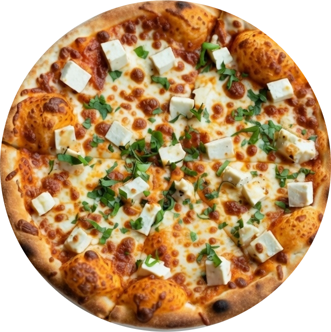 Freshly baked paneer pizza with melted mozzarella cheese, tomato sauce, and cilantro garnish.