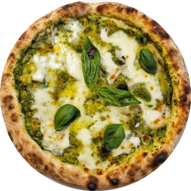 Gourmet pesto pizza with melted mozzarella cheese and fresh basil leaves on a wood-fired crust.