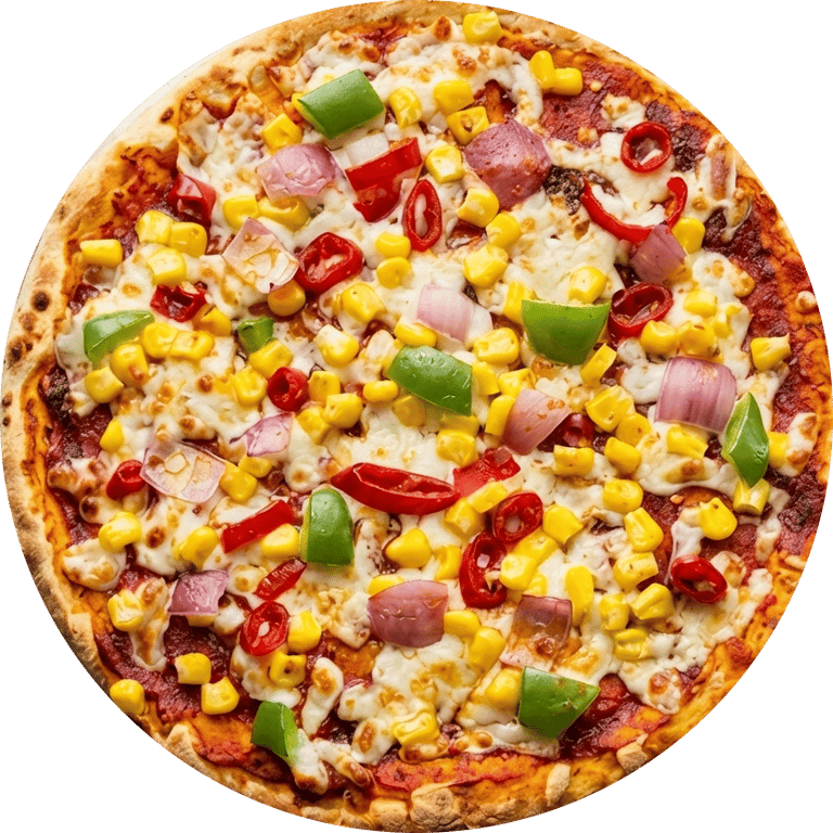 Fresh vegetarian pizza with melted cheese, sweet corn, red onion, paprika, bell peppers thin crust.
