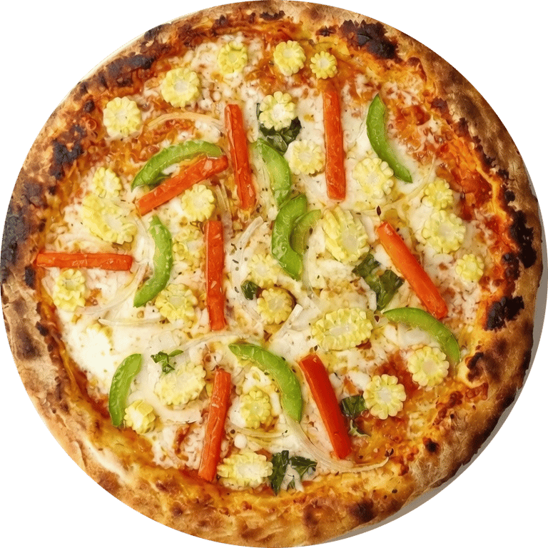 Freshly baked vegetable pizza topped with baby corn, green bell peppers, and carrots.