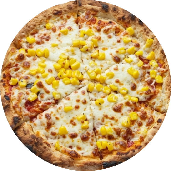 Top view of a freshly baked thin crust pizza topped with melted mozzarella cheese and sweet corn kernels.