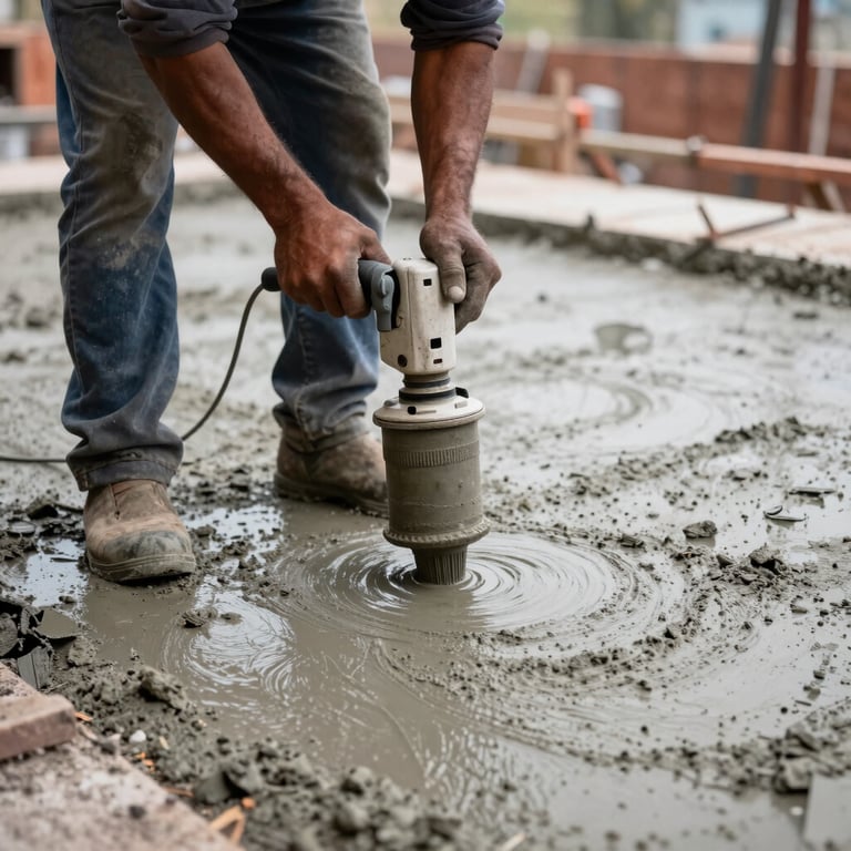 Worker using a vibration tool to smooth fresh concrete on a Peruvian job site.