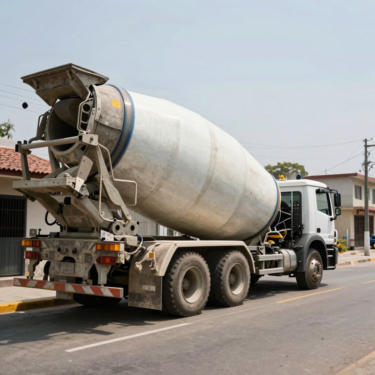 A large concrete mixer truck operating in a residential street in Lima Norte, Peru. Daylight, professional view.