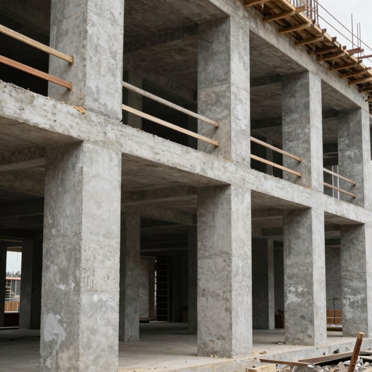 A modern building under construction in Los Olivos, Lima, showing structural concrete columns.