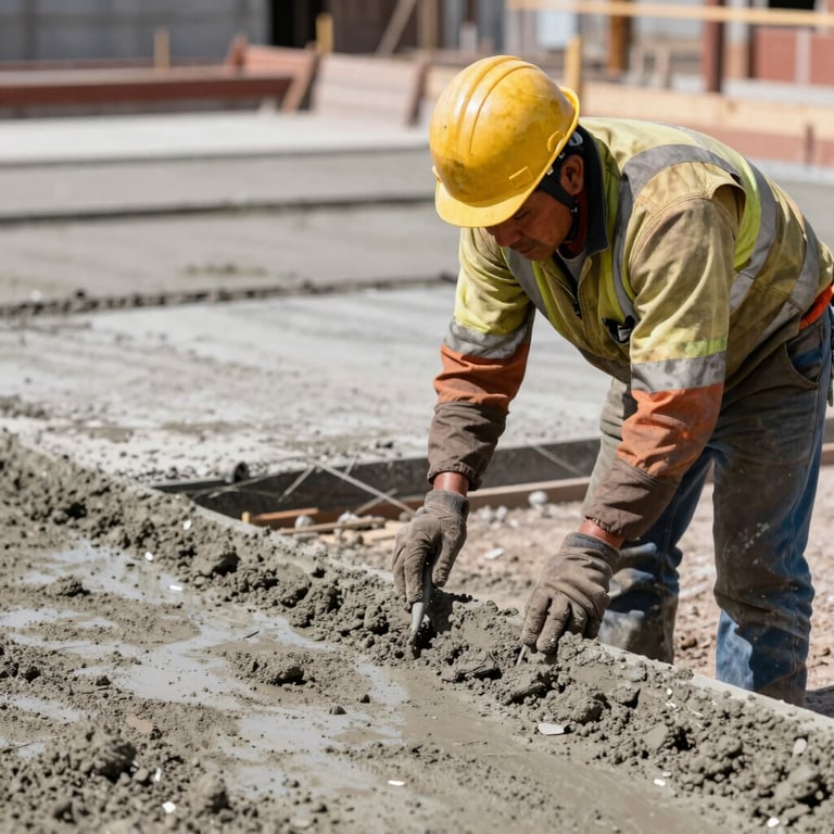South American / Peruvian construction worker in safety gear supervising a concrete pour for a floor slab.