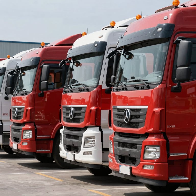 Row of modern concrete trucks ready for dispatch at a warehouse facility. Red and white color scheme.