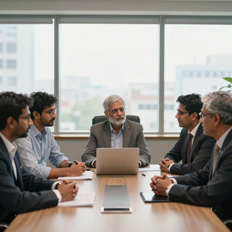 A group of South Asian / Indian experts in a boardroom discussion, soft daylight, professional and efficient atmosphere.
