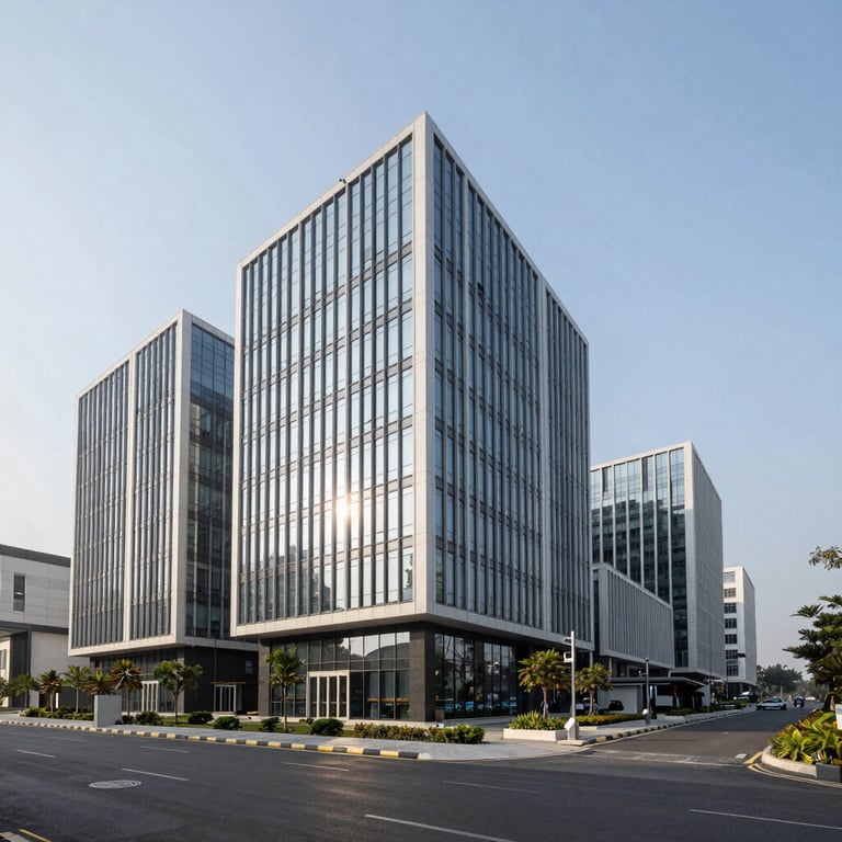 Exterior shot of a modern corporate tech park in India under a clear sky, showcasing modern architecture.