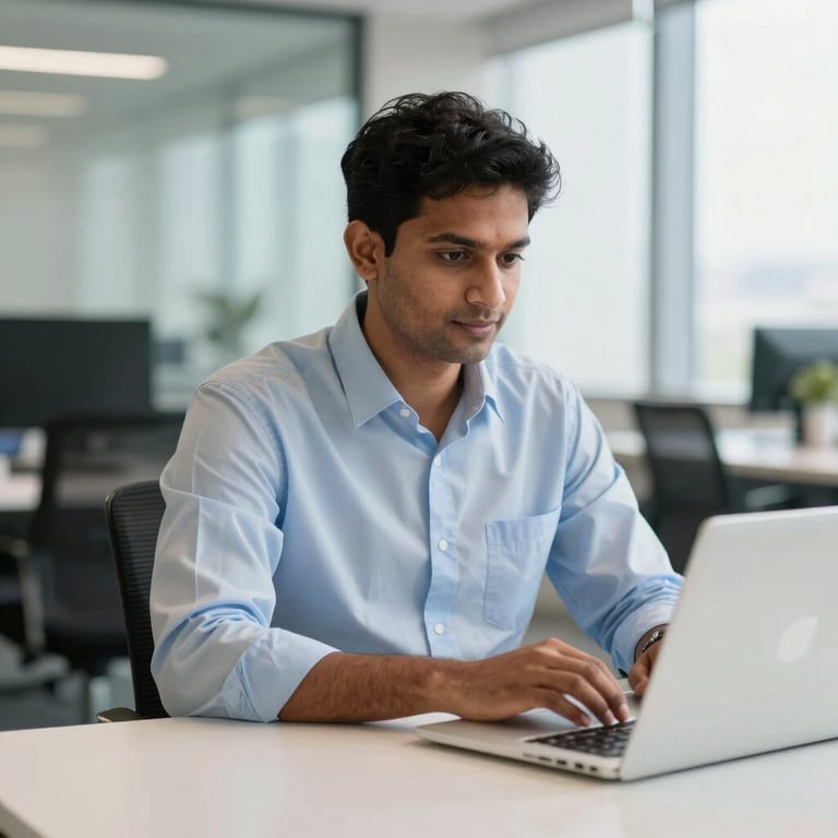 A South Asian / Indian professional consultant working at a modern desk with a laptop in a bright Bangalore office, colors of soft blue and off-white.