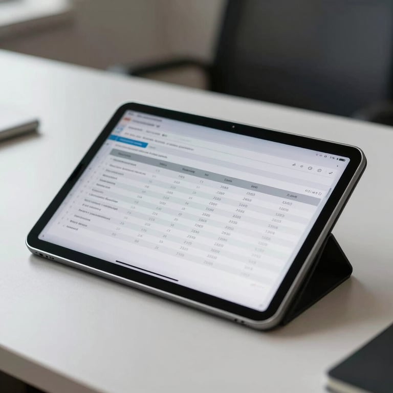 Close-up of a digital tablet showing accounting software on a minimalist desk, South Asian / Indian office setting.