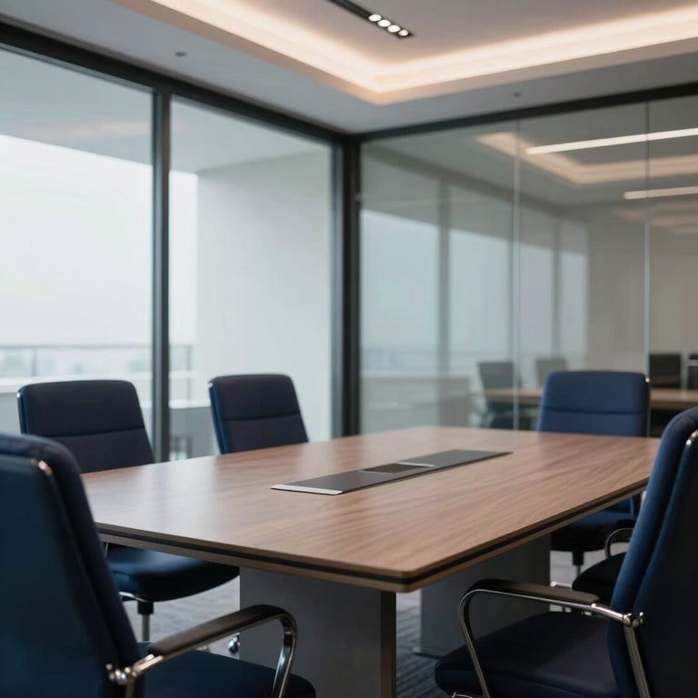 A professional meeting room in Gurugram featuring glass walls and a sleek table, with deep navy blue accents.