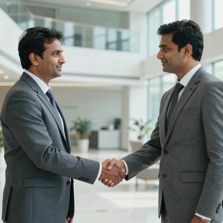 A pair of South Asian / Indian business partners shaking hands in a bright, modern lobby with muted blue-grey tones.