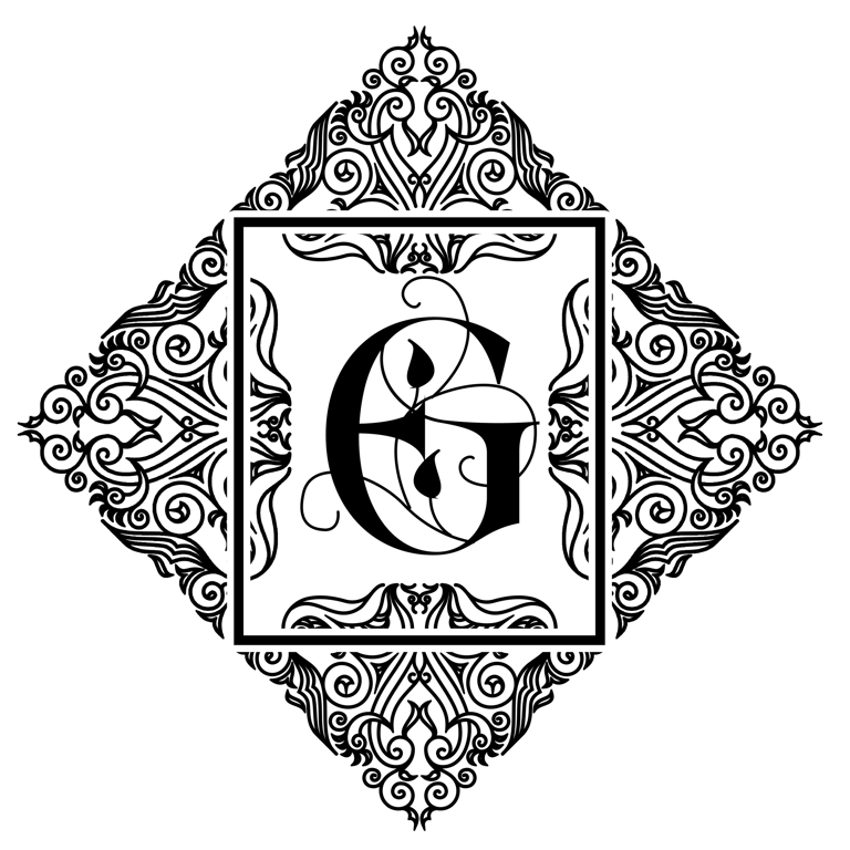 Logo noir de l'auteure Elisabet Guillot - La lettre G stylisée pour la littérature de l'imaginaire dans un cadre décoratif.