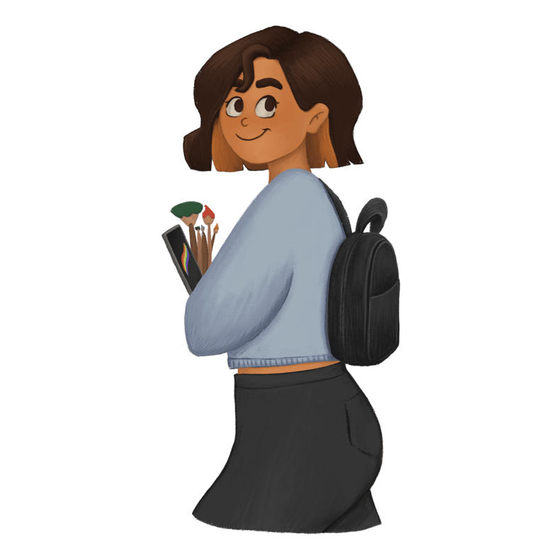 Cartoon character holding iPad and paint brushes