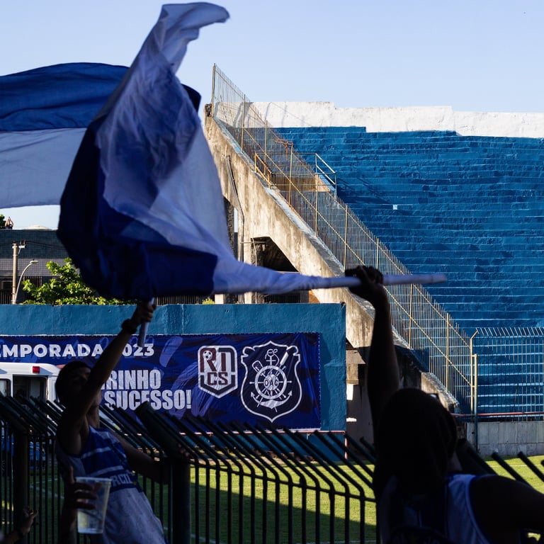 Torcida vibrando pelo seu time durante a partida, com foco na bandeira da torcida