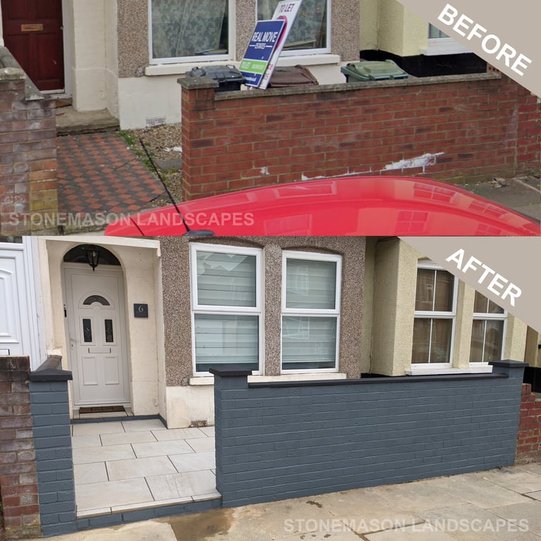 Before & After Small Budget Front Garden Makeover Porcelain Slabs & Grey Painted Wall