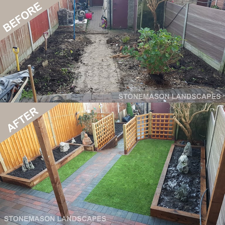 Before & After Garden Levelling Sleeper Retaining Wall Steps Planters Trellis Fence Artificial Grass