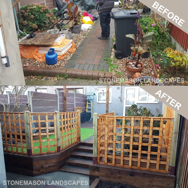 Before & After Garden Levelling Sleeper Retaining Wall Steps Planters Trellis Fence Artificial Grass