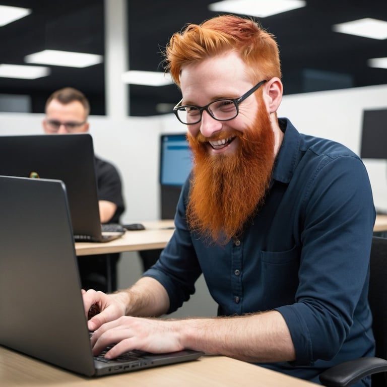Helpdesk technician smiling on his computer while helping people.