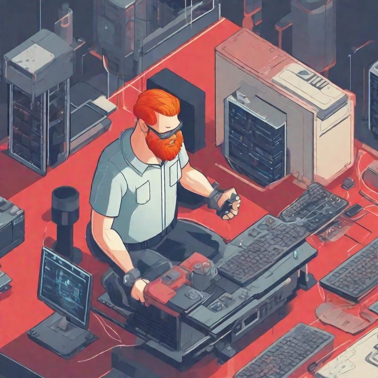 Helpdesk Technician Sitting down at his desk helping a client