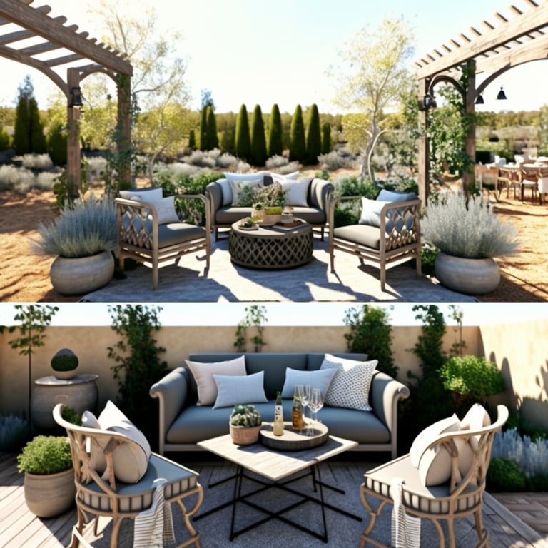 un patio avec un canapé, des chaises et une table