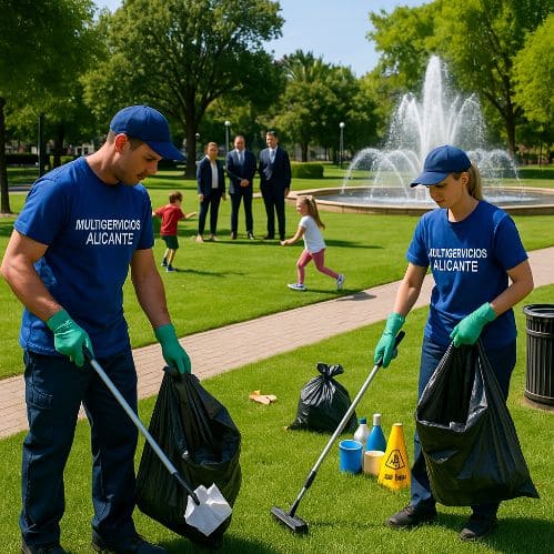 Dos trabajadores de multiservicios limpiando un parque con niños jugando y tres hombres observando