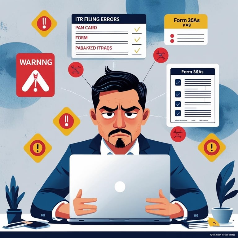 “A stressed Indian taxpayer sitting in front of a laptop, surrounded by floating icons of tax forms,