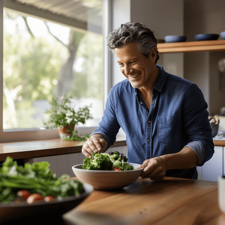 Man preparing a bowl of salad in the kitchen