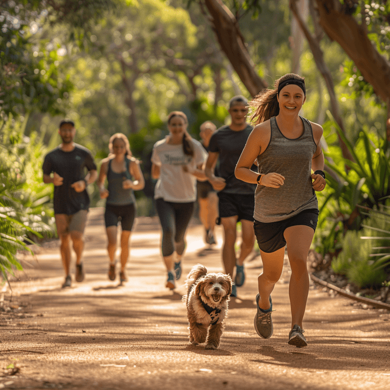 a dog is running on a path with people and a dog