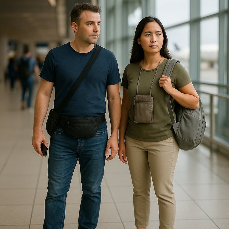 A travel-ready couple stands in a modern airport terminal. The man wears a navy t-shirt, jeans, and a black crossbody bag wit