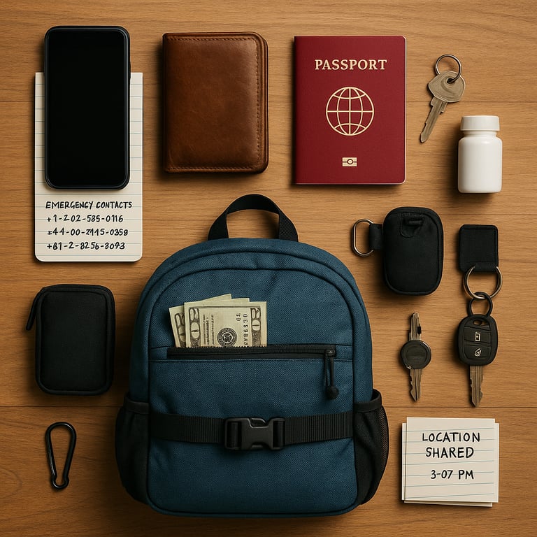 A neatly arranged flat lay of emergency travel essentials on a wooden surface. Items include a smartphone on a notepad labele