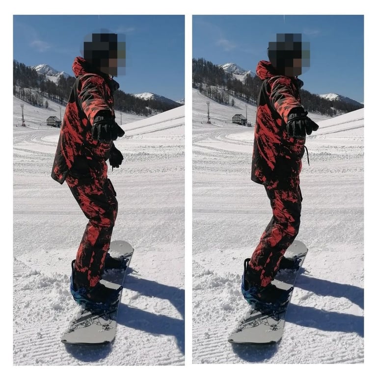 Maestro di snowboard corregge un allievo durante una lezione individuale a Sestriere