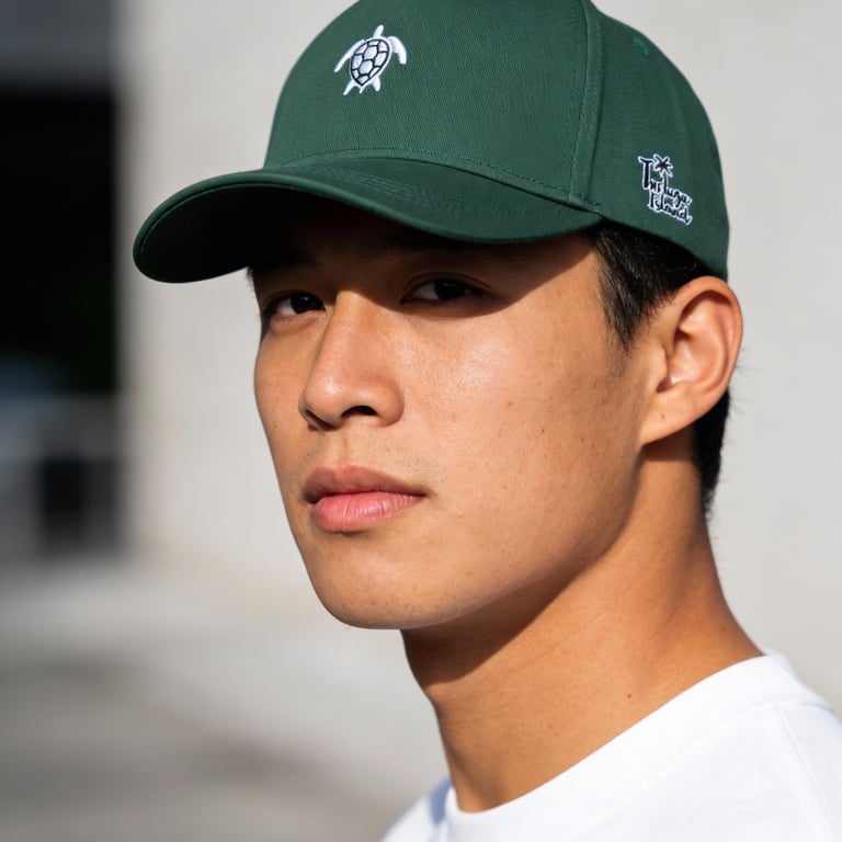 A man wearing a dark green baseball cap with a white turtle logo and palm tree embroidery.
