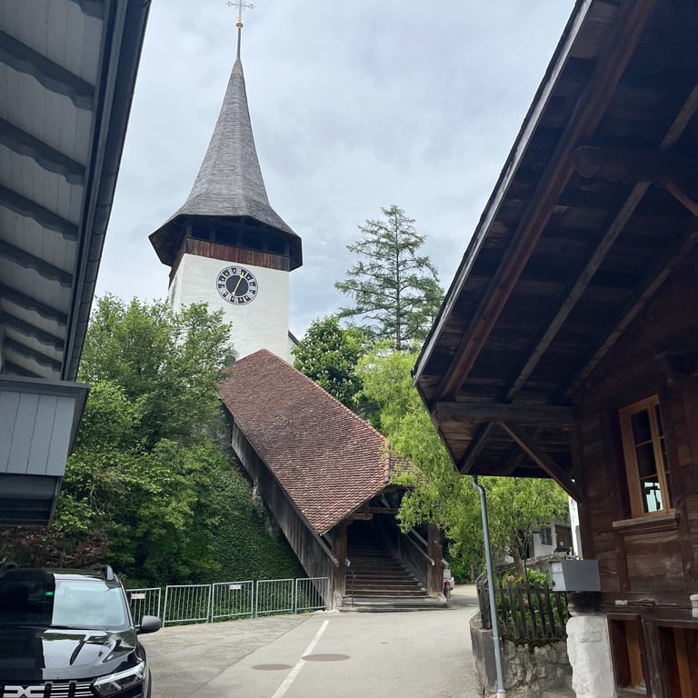Stairway up to Sankt Michaelskirche in Erlenbach im Simmental Switzerland