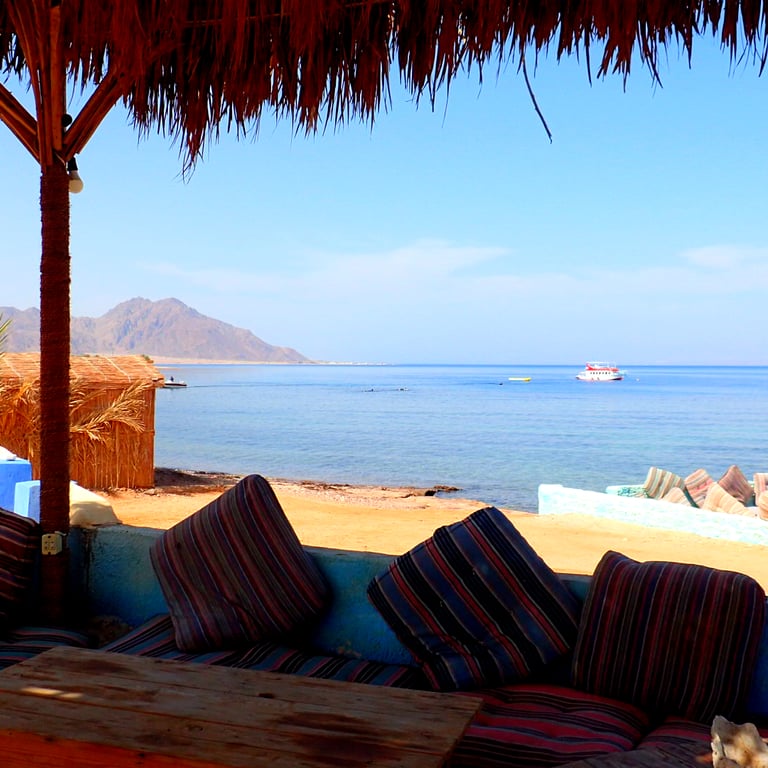 Palm tree roof top shadow for a relaxing lounge area on the beach Egypt