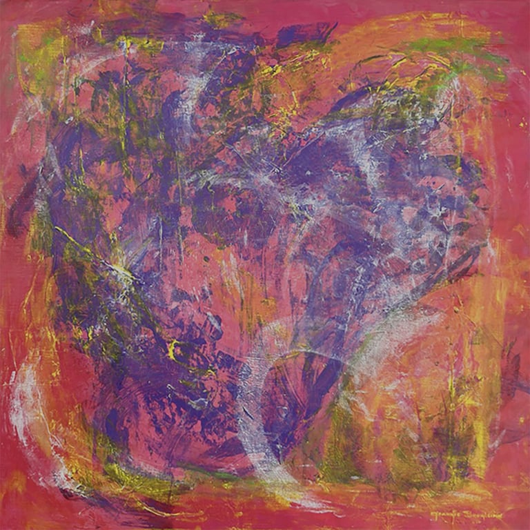 Red and violet abstract painting with yellow and white