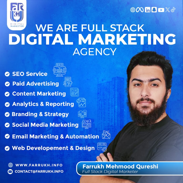 Promotional image for a Full Stack Digital Marketing Agency led by Farrukh Mehmood Qureshi. The imag