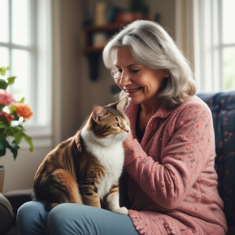 a woman sitting on a couch with a cat