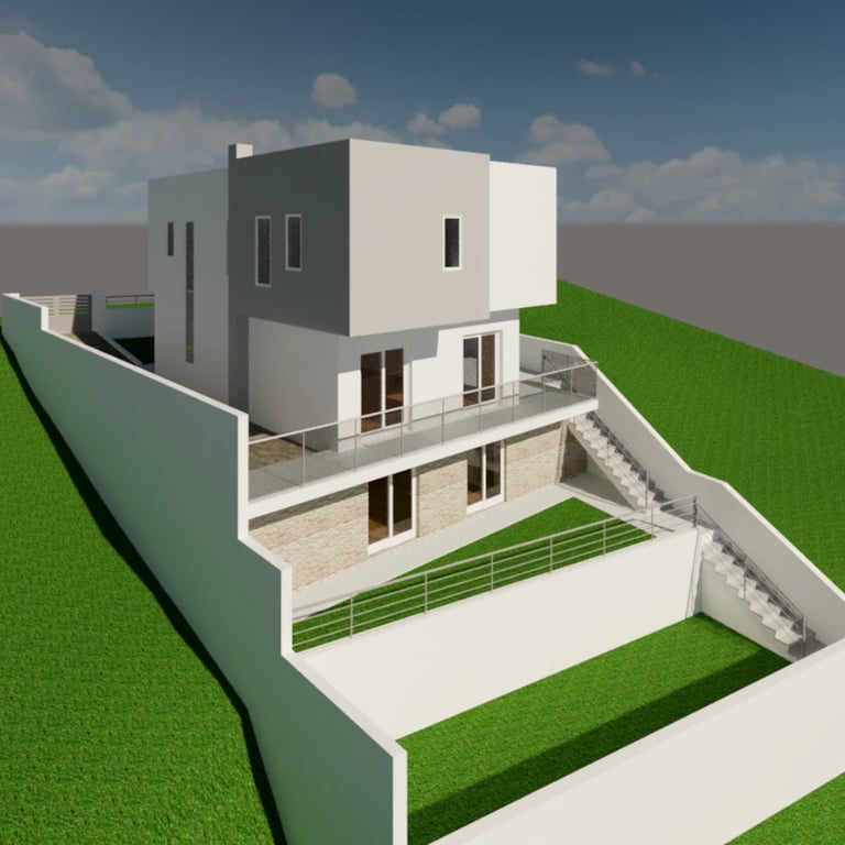 Moradia em declive. Vista tridimensional da Arquitetura.