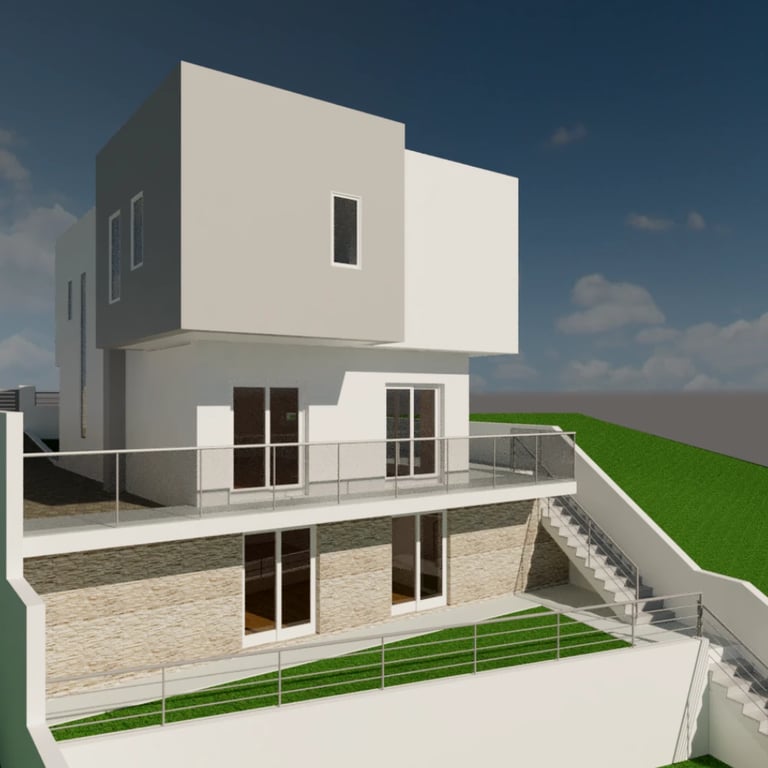 Moradia em declive. Vista tridimensional da Arquitetura.