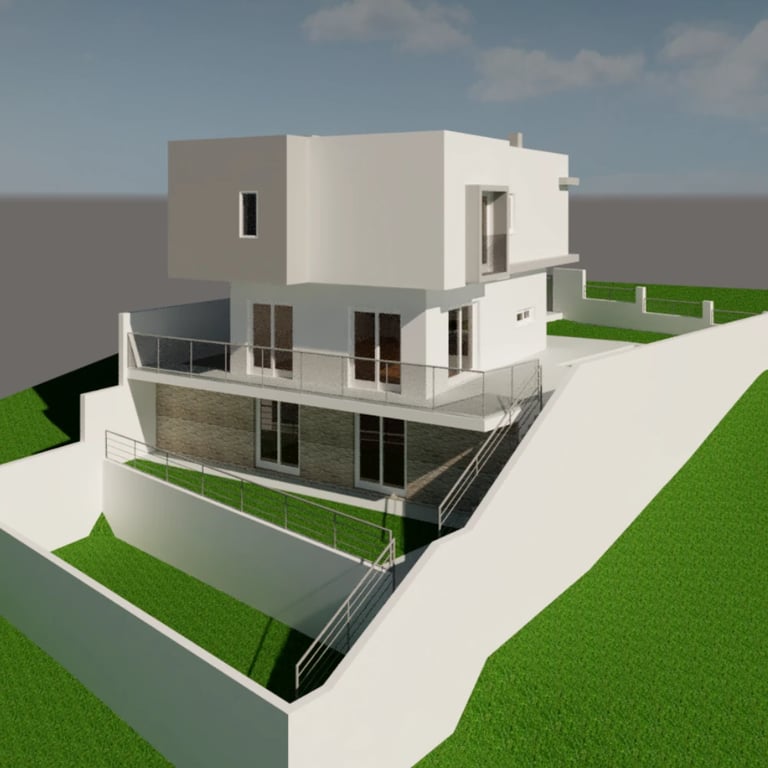 Moradia em declive. Vista tridimensional da Arquitetura.
