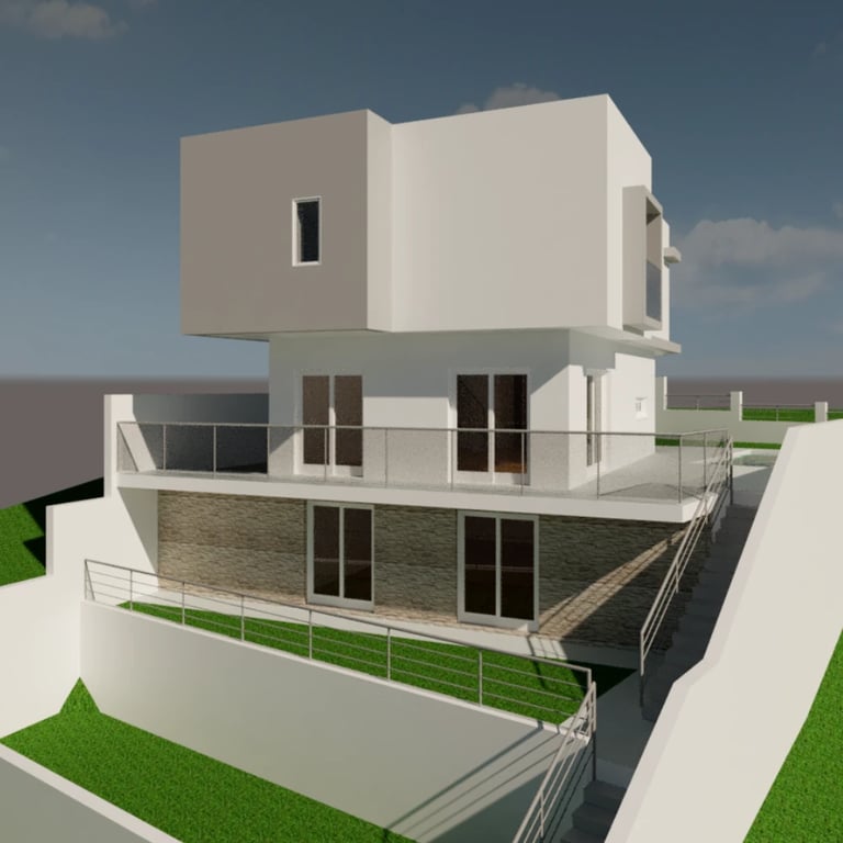 Moradia em declive. Vista tridimensional da Arquitetura.