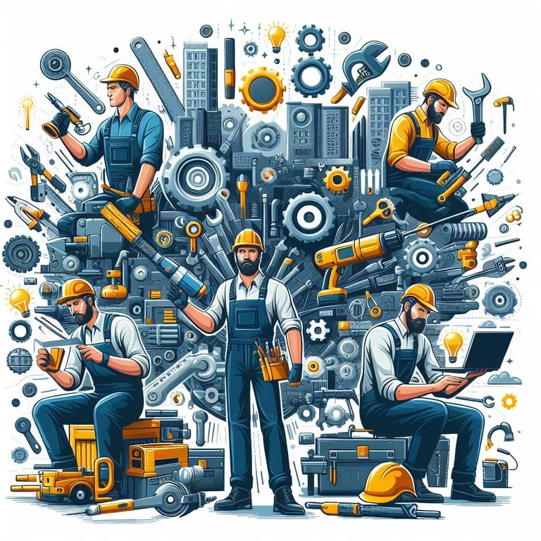 a man in overalls and overalls working on a laptop