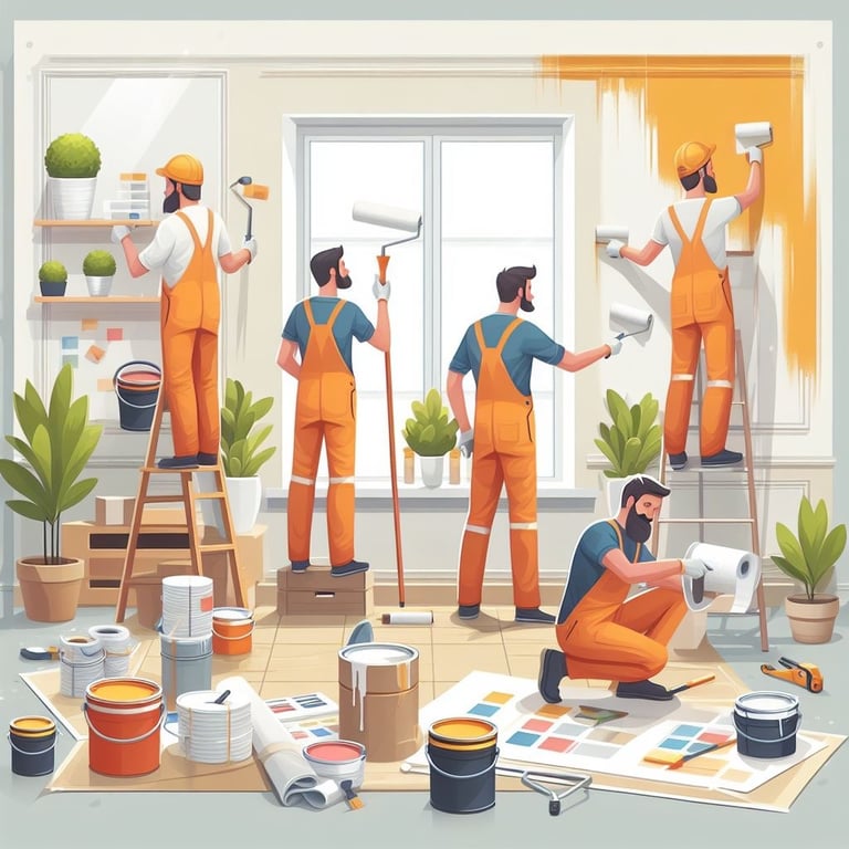 a group of people in orange overalls and overalls paint