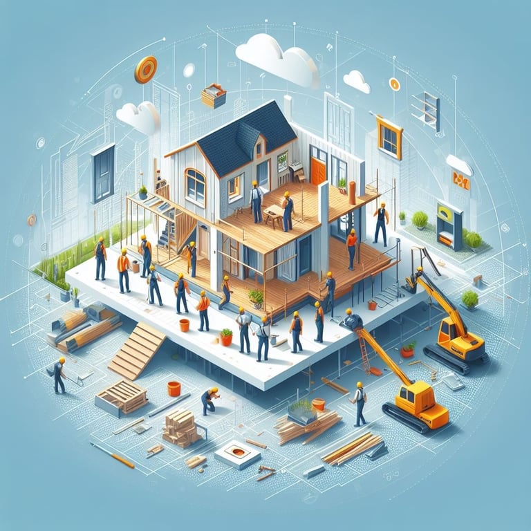 a group of people working on a house