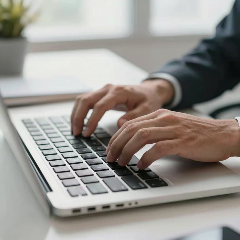 Close-up of hands typing on a modern keyboard in a bright, well-lit North American office with a focus on high-end technology and sleek design.