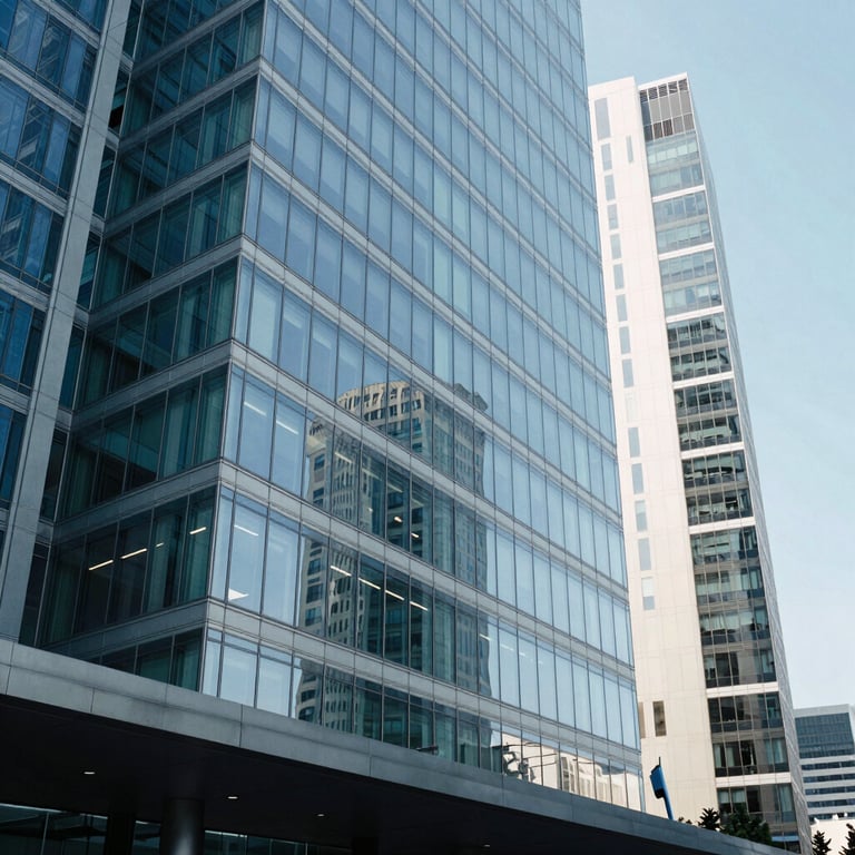 A crisp photograph of a high-tech conference room in a US skyscraper, featuring medium blue and light blue glass elements.
